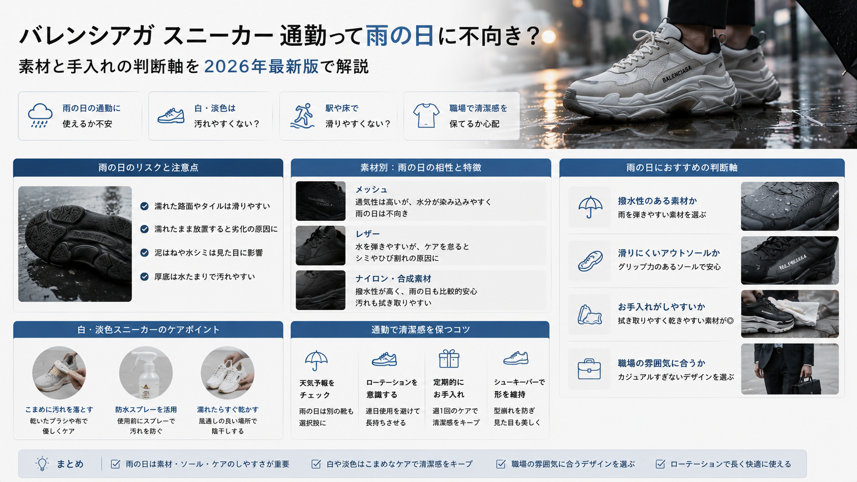 雨の日と清潔感で考える通勤スニーカー選び バレンシアガ スニーカー 通勤って雨の日も使えるのかを清潔感と汚れ対策から解説するイメージ
