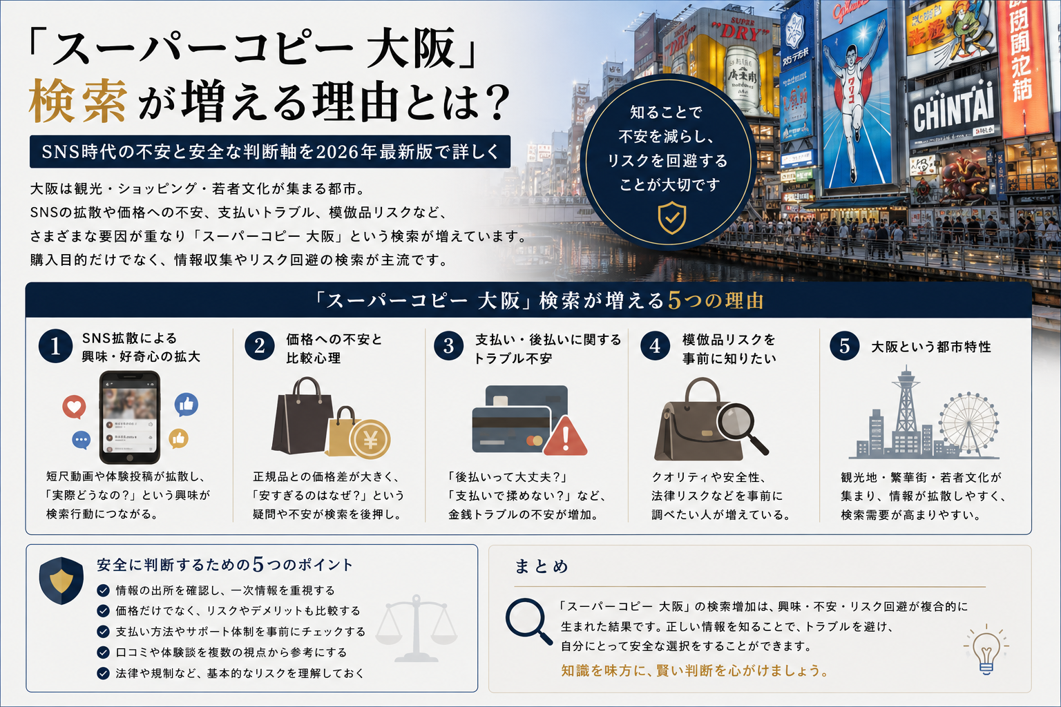 大阪で検索が増える背景と安全な判断軸 スーパーコピー 大阪検索が増える背景とSNS時代の不安を分析するイメージ