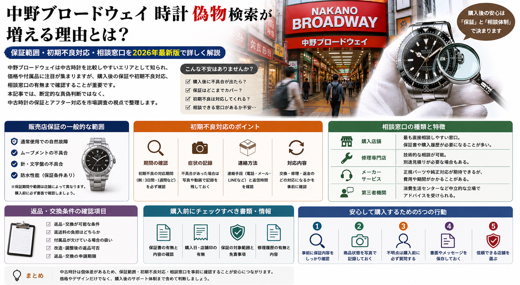 保証範囲と初期不良対応で考える中古時計の確認軸 中野ブロードウェイ 時計 偽物検索が増える背景を保証範囲と初期不良対応から解説するイメージ