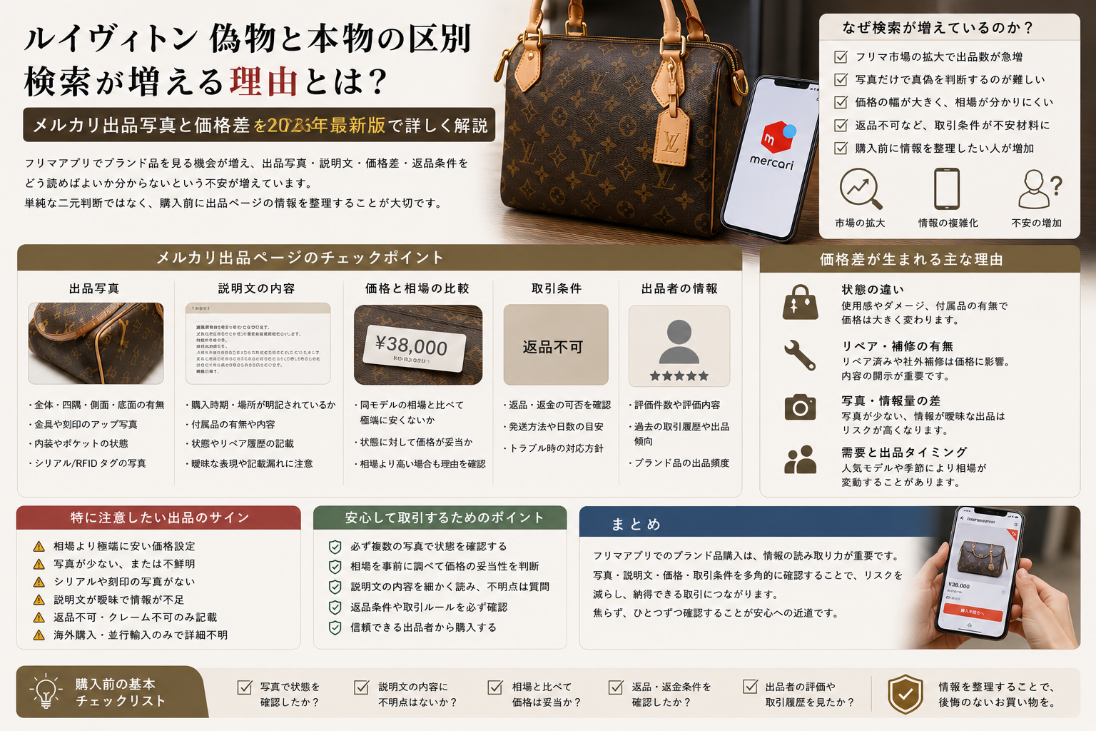 フリマ出品写真と価格差で考える購入前チェック ルイヴィトン 偽物検索が増える背景をメルカリ出品写真と価格差から解説するイメージ