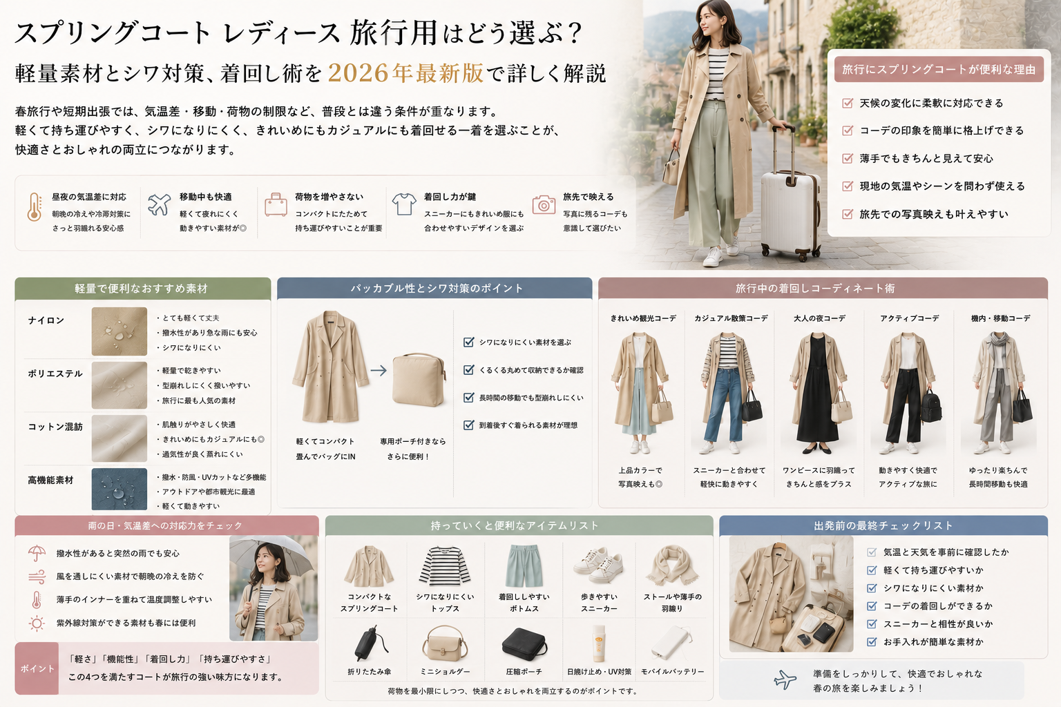 スプリングコート スニーカー旅行コーデと軽量素材の選び方を解説するイメージ