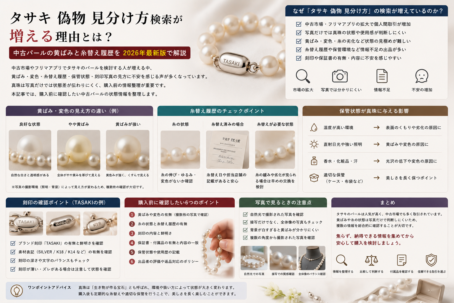 中古パールの黄ばみと糸替え履歴で考える購入前チェック タサキ 偽物 見分け方検索が増える背景を中古パールの黄ばみと糸替え履歴から解説するイメージ