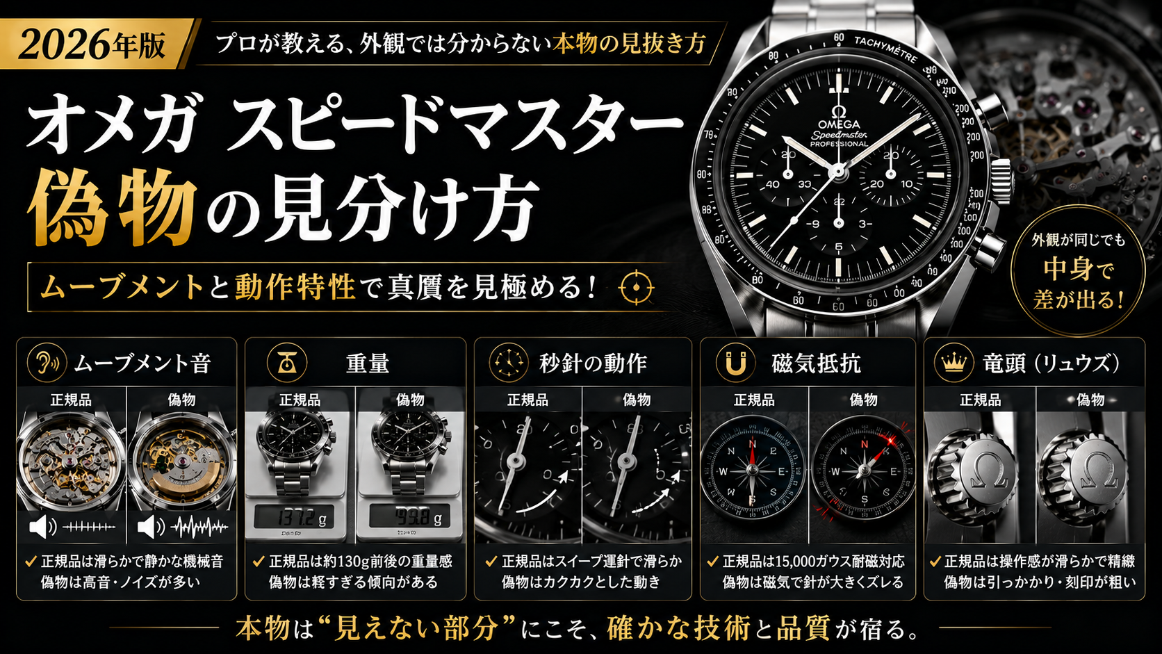 スピードマスター偽物 ムーブメント・重量・磁気 鑑別ガイド オメガ スピードマスター 偽物 見分け方 ムーブメント音・重量・秒針動作・磁気抵抗の確認ポイント