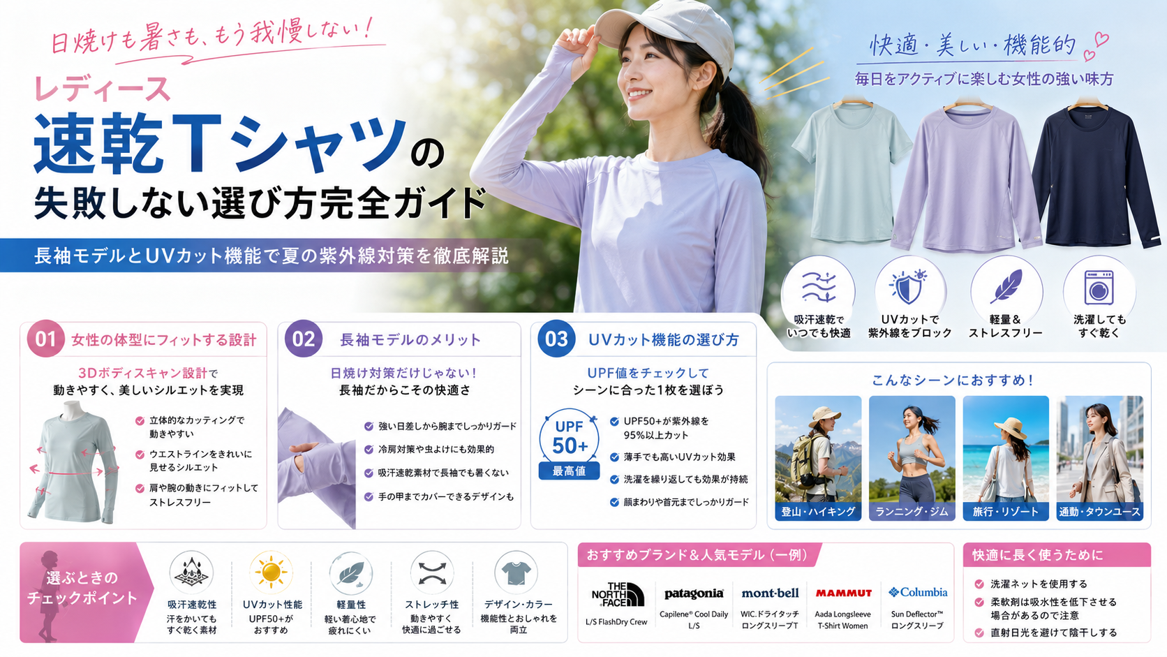 レディース速乾Tシャツ選び方ガイド 女性向け速乾Tシャツの選び方と長袖UVカットモデルのスタイリング例